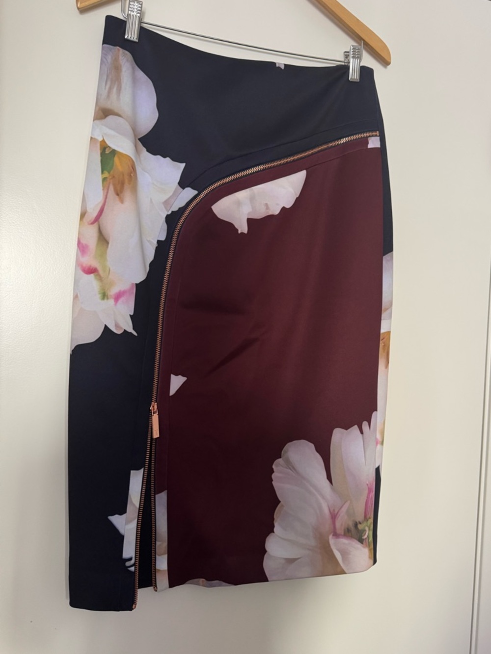 Ted Baker Floral Panel Pencil Skirt in Burgundy, Black and White